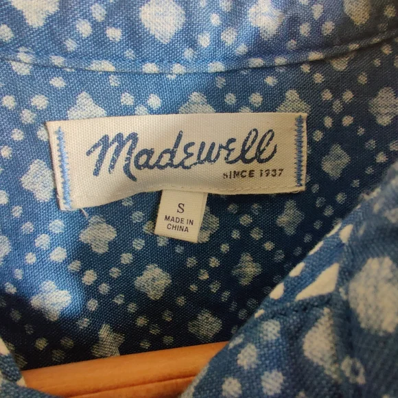 MADEWELL Blue & White Long Sleeve Diamond Print Thick Denim Blouse Shirt S - Picture 7 of 12